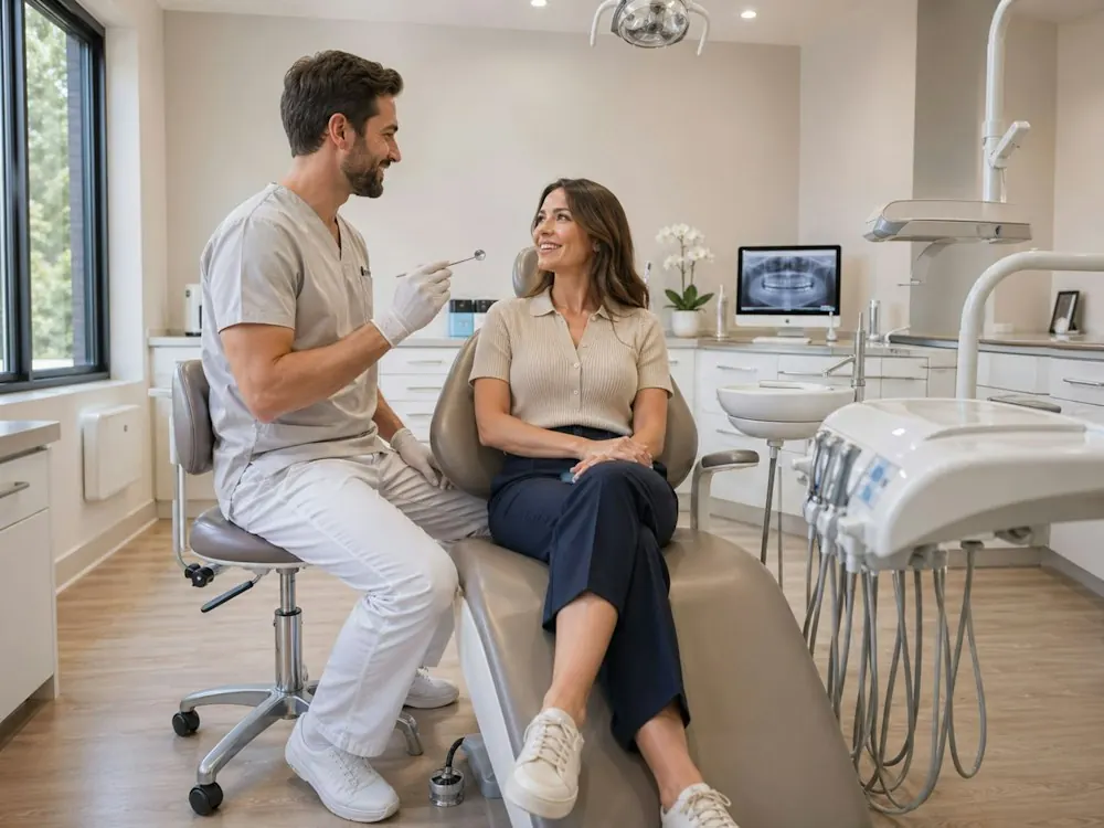 Patient chatting with her dentist in a bright dental office